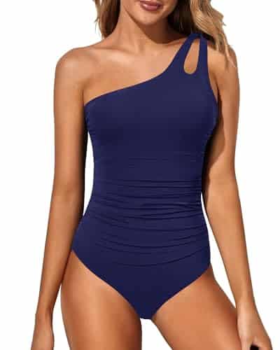 Holipick One Shoulder One Piece Swimsuit For Women Tummy Control Bathing Suits Modest Full Coverage Keyhole Swimwear Navy Blue