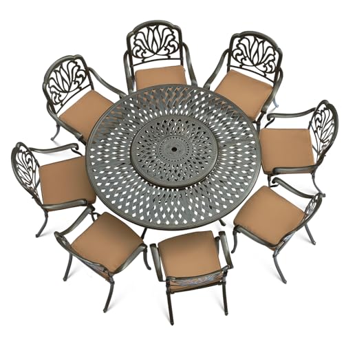 Vivijason Piece Patio Furniture Dining Set, Rust Free Cast Aluminum Outdoor Conversation Set, Include Cushioned Chairs & Round Dining Table With Lazy Susan, Umbrella Hole, Kha