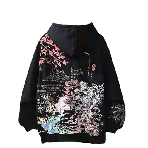 Yk Anime Hoodies Aesthetic Sakura Graphic Sweatshirt Japanese Harajuku Oversized Zip Up Hooded Tops Alt Emo Clothes (Black No Fleece,Medium)