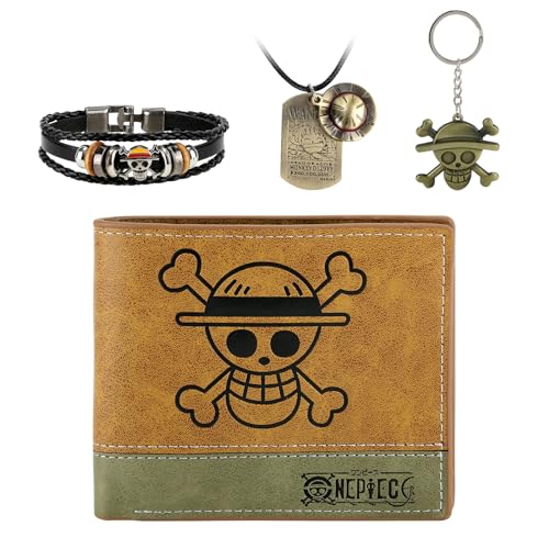 FJLyoupin PCS ONEPIECE Luffy Bifold Wallet Anime Set (Straw Hat Pirates Jolly Roger Mens Wallet + Luffy Skull Pendant Necklace + Luffy Keychain + One Piece Bracelet) Good Gift