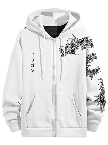 Floerns Men'S Causal Graphic Print Long Sleeve Zip Up Drawstring Thermal Hoodies Sweatshirt With Pockets White Dragon M