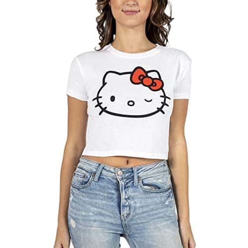 Hello Kitty Face Outline Crew Neck Short Sleeve Women'S White Super Crop Baby Tee Medium