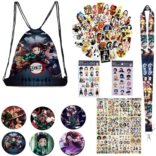 Anime Merch Gift Set, Demon Drawstring Backpack, Pcs Stickers, Sheet Stickers,Lanyard, Button Pinsd Sticker,Tattoo Sticker For Fans.